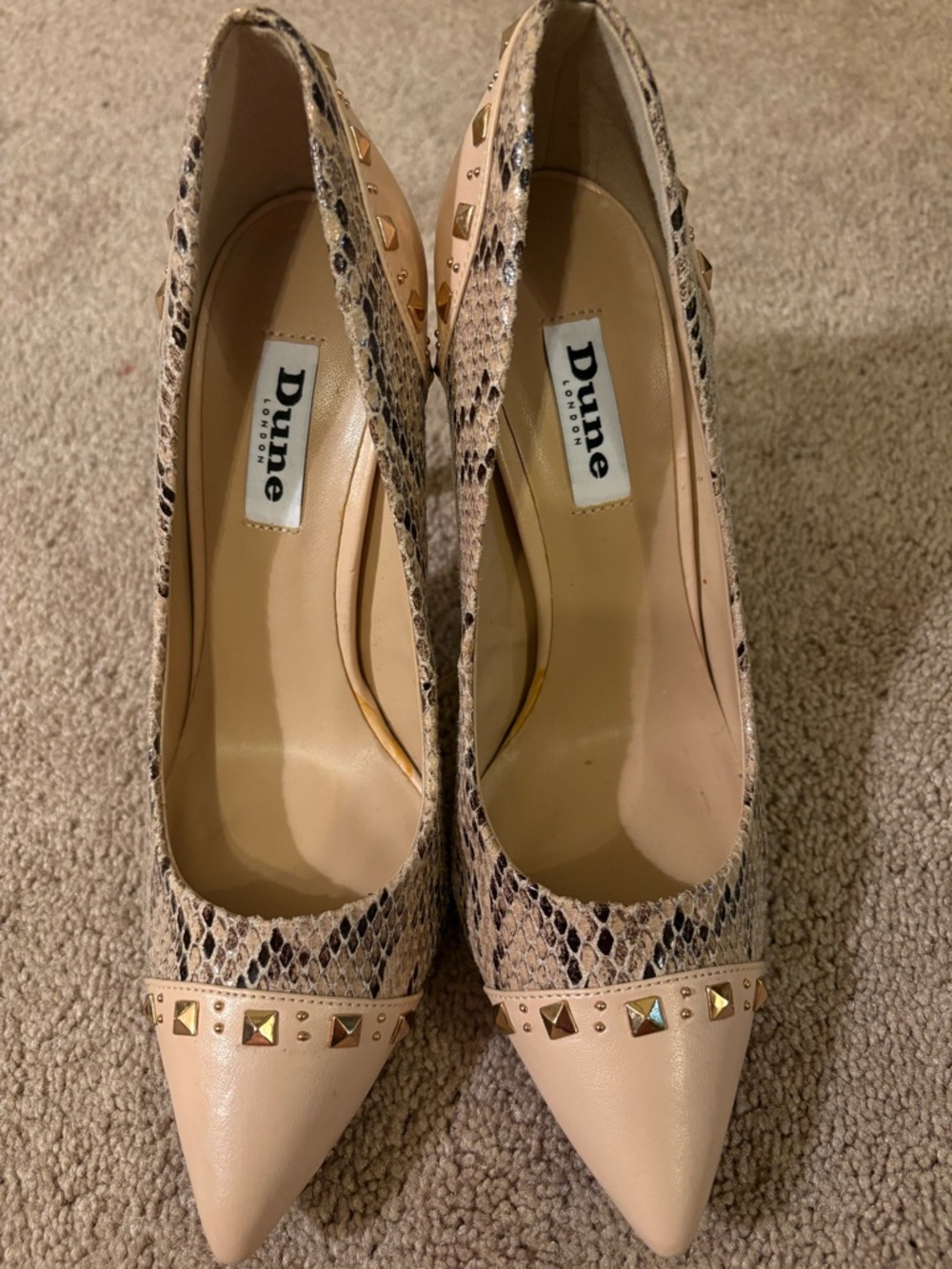 Dune London Blush Snake-Print Pointed Toe Studded Pumps